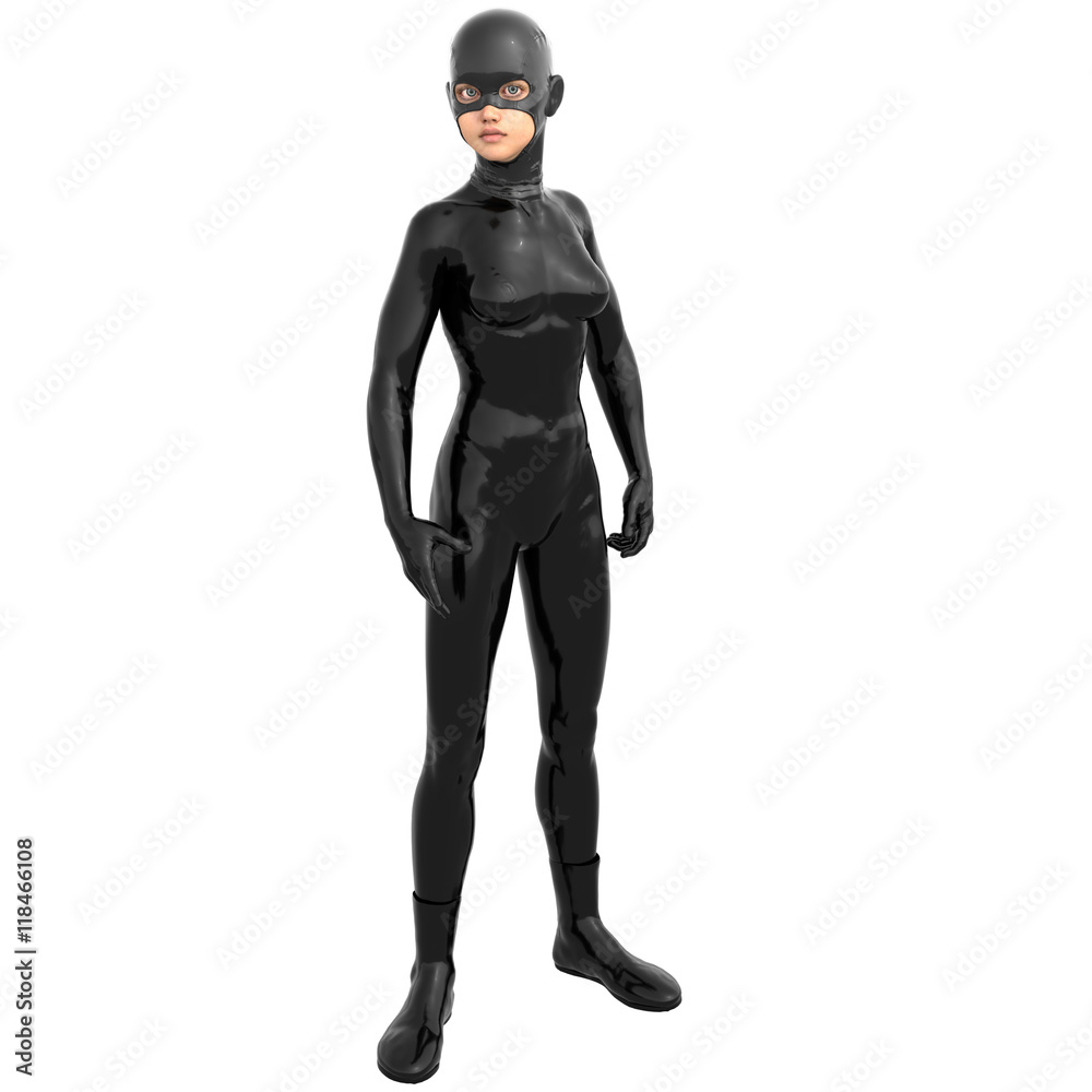 one young superhero slim girl in full black super suit. Stands in a threatening pose. Head turned to the right one young superhero slim girl in full black super suit. Stands in a threatening pose. Head turned to the right
