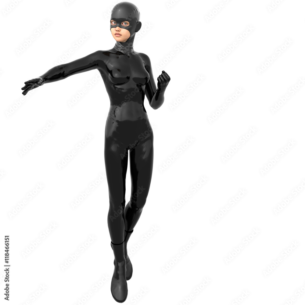 one young superhero slim girl in full black super suit. It upright for the flight. Her right hand forward and revealed one young superhero slim girl in full black super suit. It upright for the flight. Her right hand forward and revealed