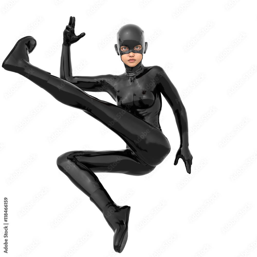 one young superhero slim girl in full black super suit. She's jumping and raising his left leg and looking at the camera one young superhero slim girl in full black super suit. She's jumping and raising his left leg and looking at the camera