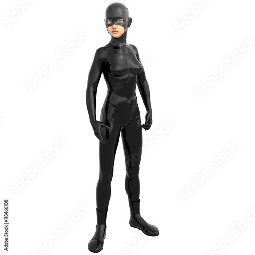 one young superhero slim girl in full black super suit. Stands in a threatening pose. Head turned to the right © Kaselmeyk