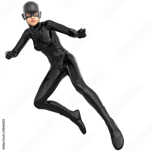 one young superhero slim girl in full black super suit. She jumps to the right side and prepares to attack