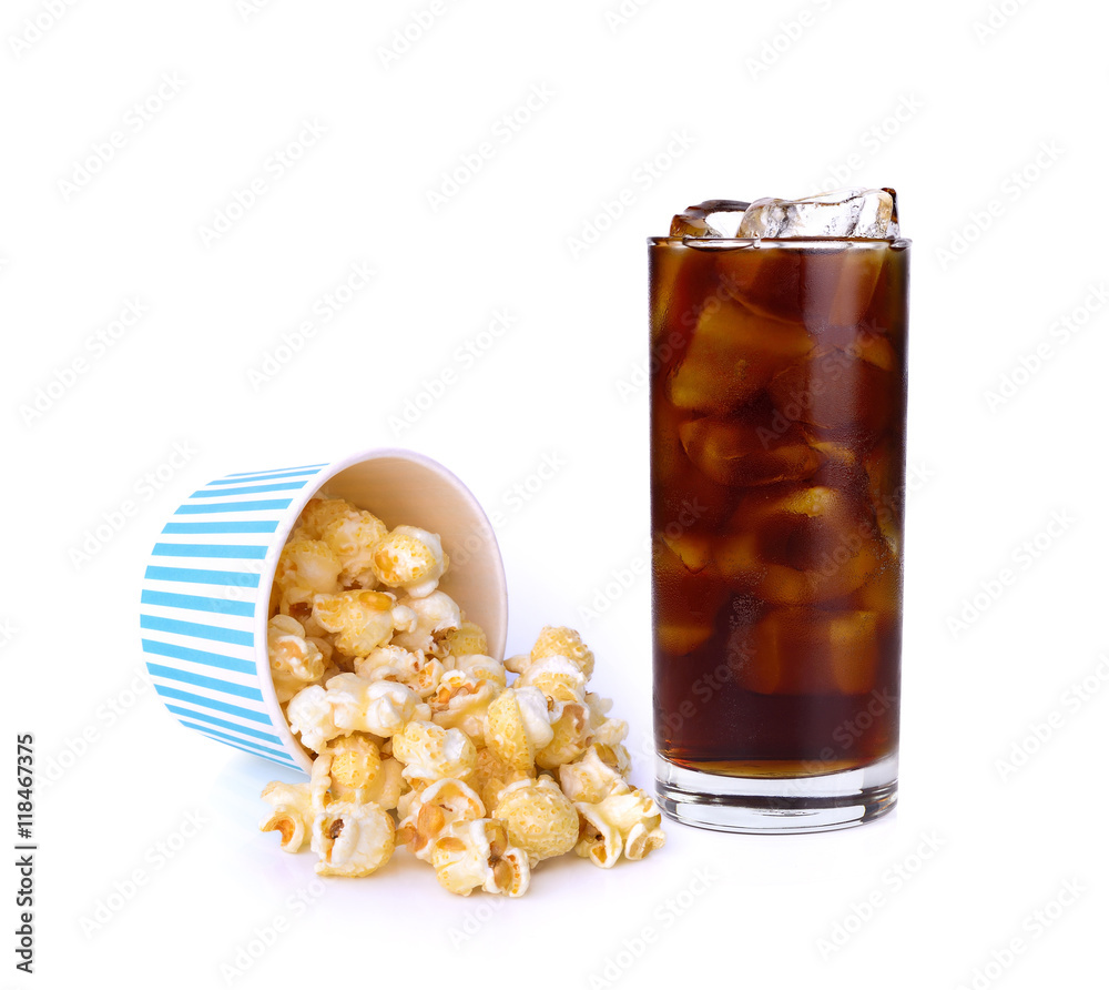 caramel popcorn and coke on white background caramel popcorn and coke on white background
