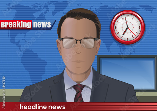 Breaking news. Silhouette of a man with glasses. News announcer in the studio. Vector illustration