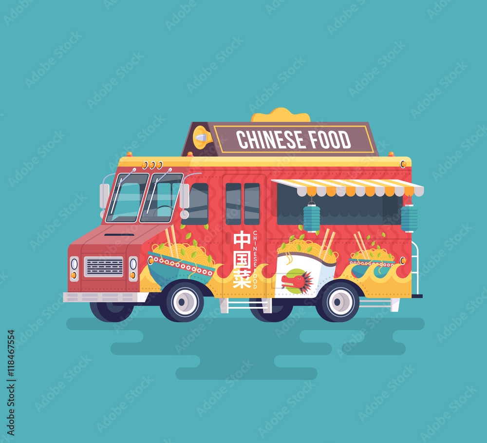 Vector colorful flat Chinese food truck. Street cuisine. Cartoon food truck illustration.