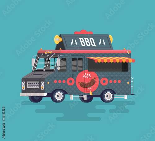 Vector colorful flat barbecue truck. Fried and smoked meat. Street cuisine. Cartoon food truck illustration.