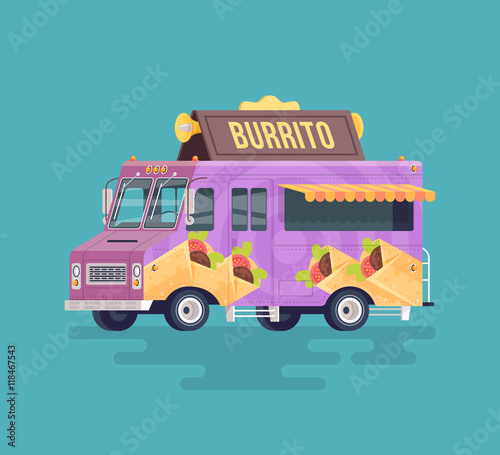 Vector colorful flat burrito truck. Arabian and Eastern traditional cuisine. Cartoon food truck illustration.