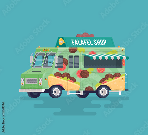 Vector colorful flat falafel street cuisine truck. Street cuisine. Cartoon food truck illustration.