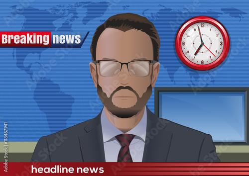 Breaking news. Silhouette of a bearded man with glasses. News announcer in the studio