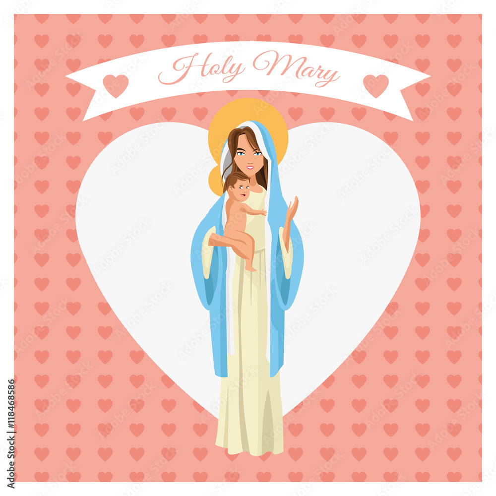 mary holy baby jesus family merry christmas icon. Pastel heart ribbon colorful design. Vector illustration - obrazy, fototapety, plakaty 