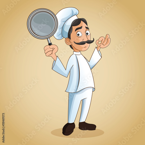 man chef mustache chefs hat frying pan person kitchen restaurant icon. Cartoon and anime design. Vector illustration