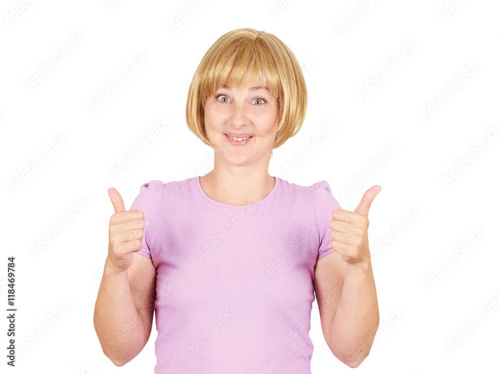 Beautiful happy young woman showing Ok, thumbs up sign isolated Beautiful happy young woman showing Ok, thumbs up sign isolated