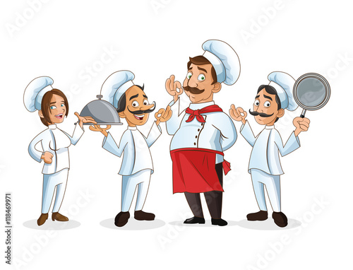 woman man mustache chef chefs hat people frying pan plate kitchen restaurant icon. Cartoon and anime design. Vector illustration