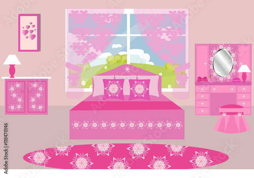 Bedroom interior vector illustration. Pink bedroom for girls. Cartoon