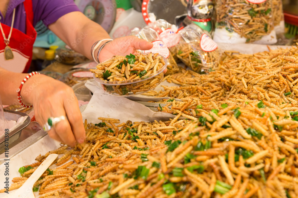 Selling Bamboo worm fried food