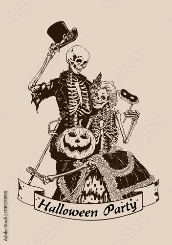 Vintage skeletons pumpkin halloween poster party vector illustration