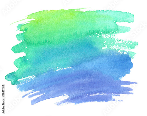 Bright green and blue gradient color stain painted in watercolor on white isolated background