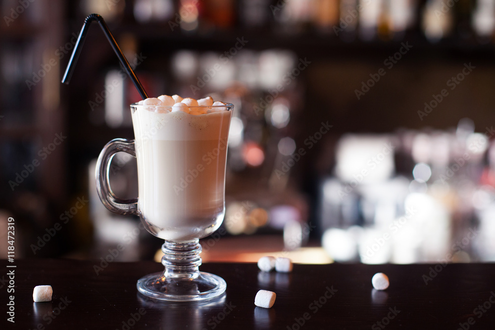 Chocolate shake with marshmallows at bar counter, close Up Chocolate shake with marshmallows at bar counter, close Up