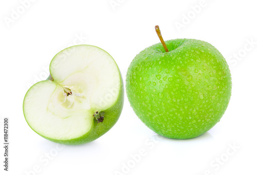 Green granny smith apple with a Drop of water on white backgroun
