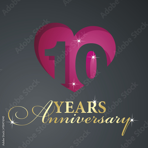 Gold 10 years anniversary red heart black background