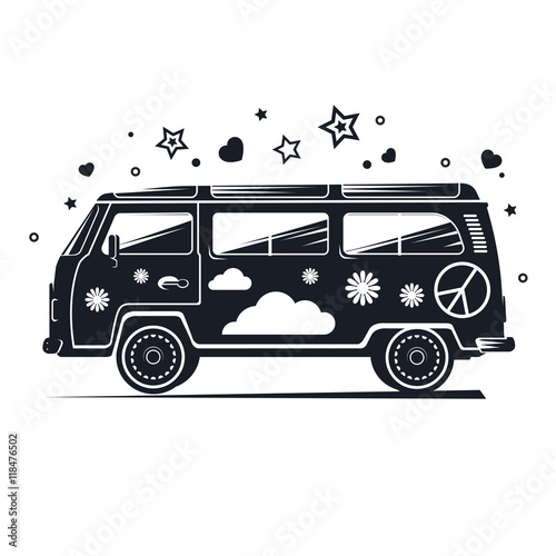 Silhouette hippie van, black retro van with different items.