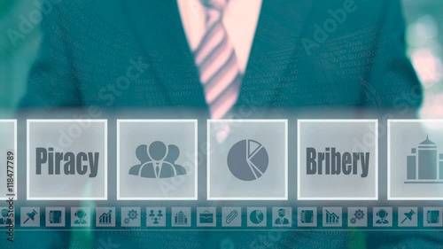 Businessman pressing an Fraud concept button on a blue background