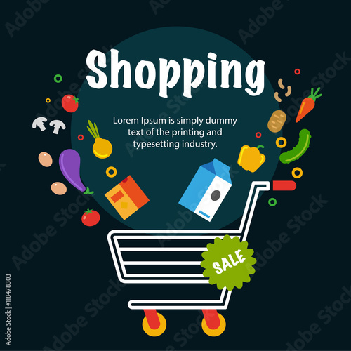 Supermarket shopping cart with food. Flat isolated vector illustration on white background.