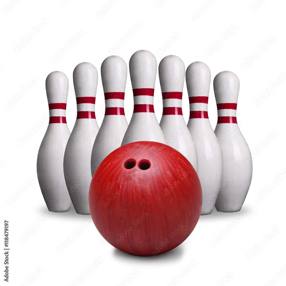 Red Bowling Ball And Pins Isolated on White Background Stock Photo