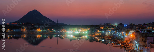 Panorama of Sacred Puskhar lake (Sagar) and ghats of town Pushk
