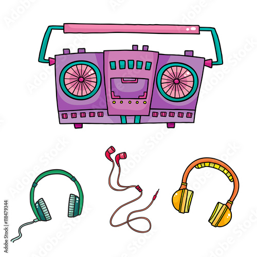 Musical equipment. Retro tape recorders and collection of headph