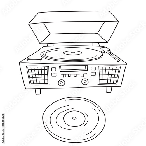 Sketched gramophone talking machine. Vintage gramophone isolated