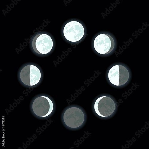 Vector icon. The lunar phase. Full moon, new moon, Eclipse, waning moon, waxing moon