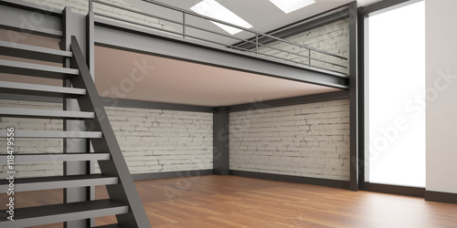 3d interior rendering industrial Mezzanine space and wood floor and Loft design