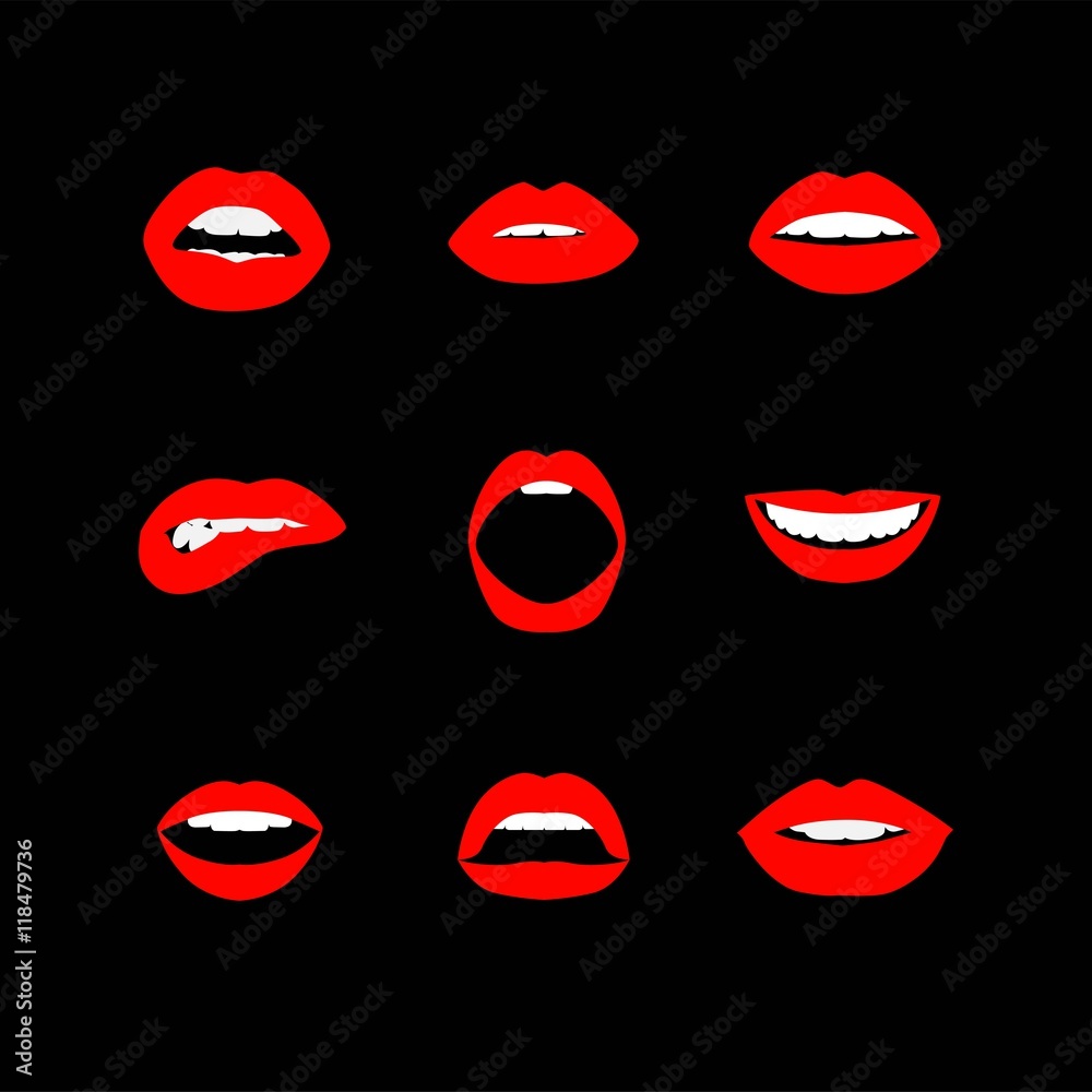 Vector set of women's lips icons with red lipstick