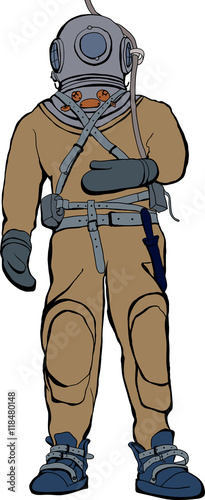 Vintage deep sea diver suit vector illustration photo