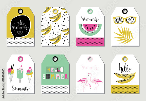 Summer gift tags and labels with cute ice cream, watermelon, banana in Scandinavian style. 