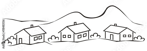 landscape, village near mountain, three houses, sketch, vector illustration