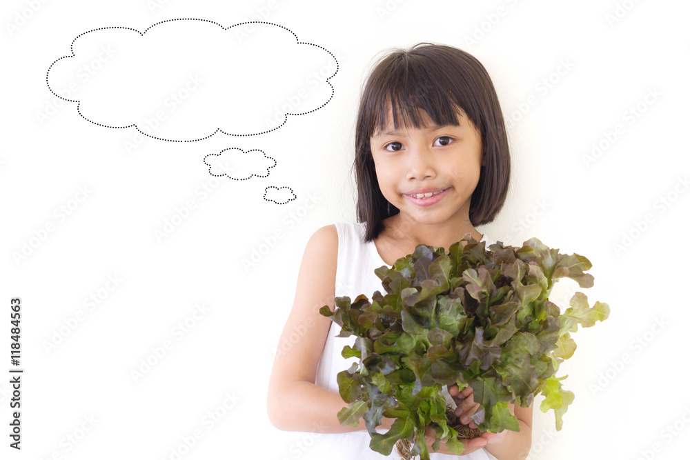 Children girl is expressions of healthy food on white background