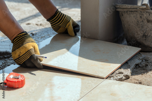 Installing tiles floor in construction work