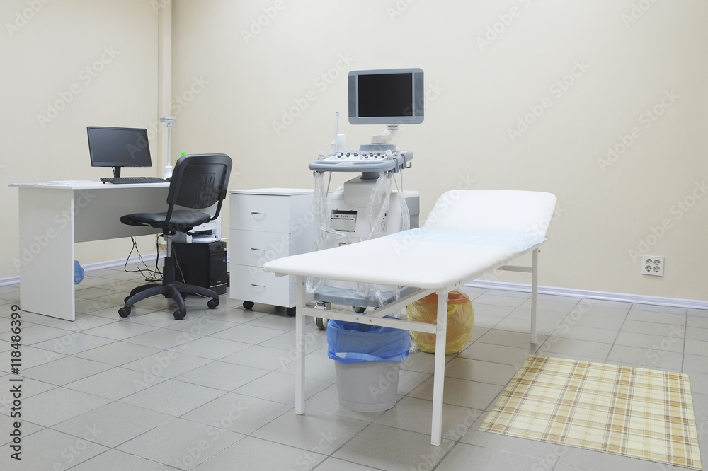 Interior of medical room with ultrasound diagnostic equipment Interior of medical room with ultrasound diagnostic equipment