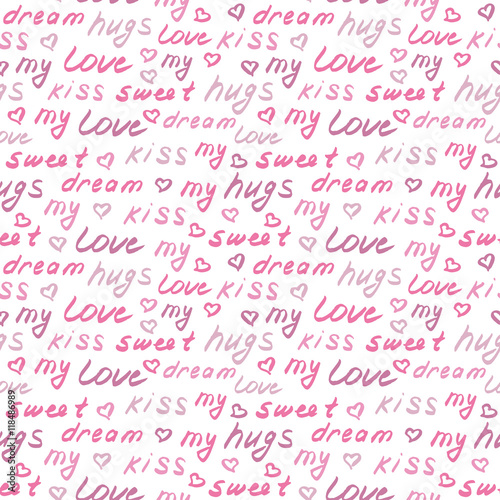 Love lettering seamless pink pattern, hand drawn calligraphy wallpaper. Vector background.