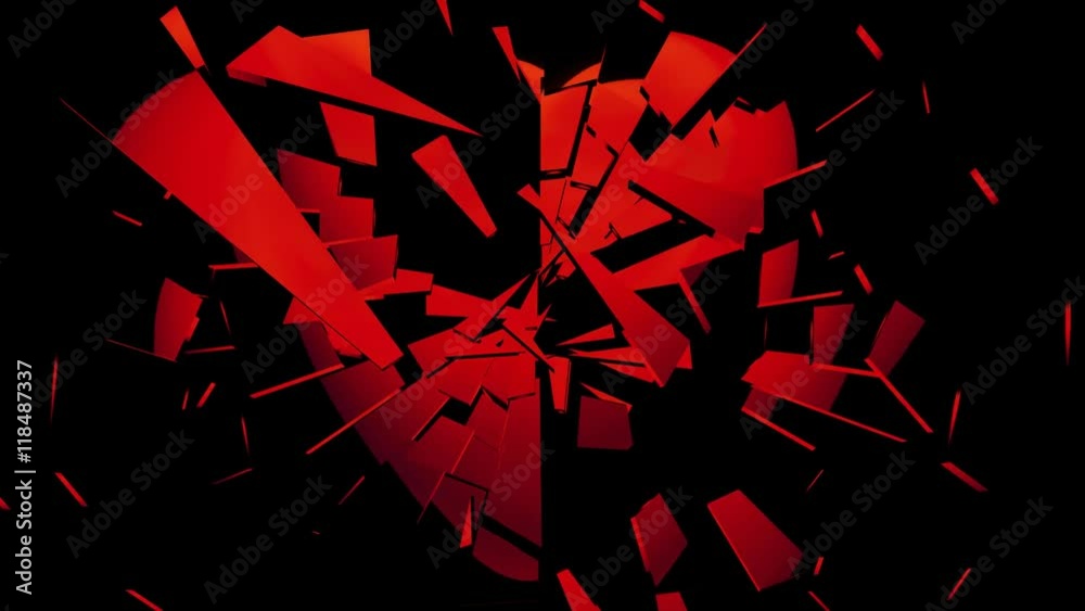 An animation of a red heart breaking into pieces on a black background