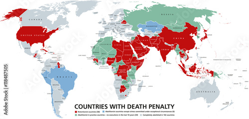 Death penalty countries world map. Retentionist states with capital punishment in red color. Abolitionist countries and nations where it is completely abolished in different colors. English labeling