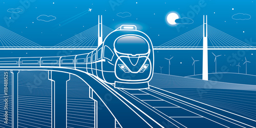 Train goes over the bridge on the background of cable-stayed bridge and wind turbines, transportation illustration, vector design art