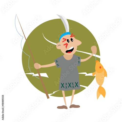 American Indian holding a fishing rod and fish. vector illustration of cartoon.