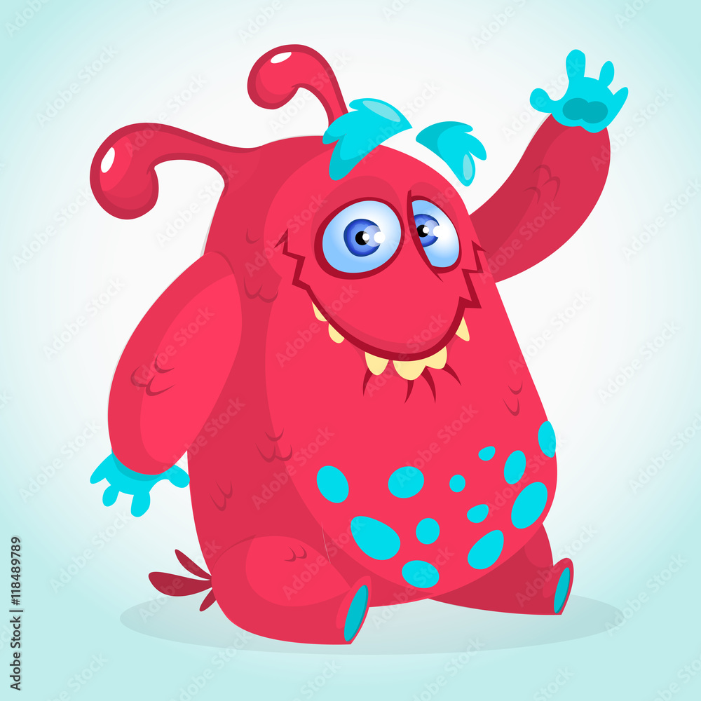 Happy cartoon monster. Halloween vector horned fat monster sitting and presenting