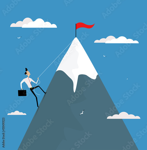 Cartoon businessman climbing mountain with flag on the top