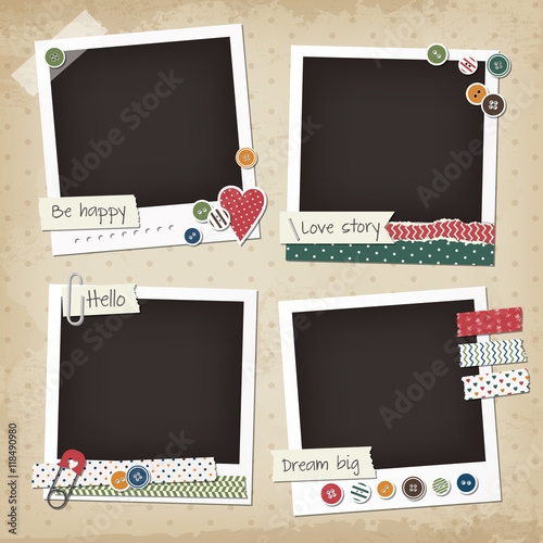 Scrapbook vintage set of photo frames with buttons, stickers, washi tapes. Retro scrapbook design elements.