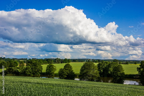 Summer countryside with green pasture and blue sky with clouds - Czech Republic, Europe