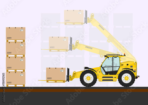 Illustration of hydraulic forklift with box on the pallet. Flat vector