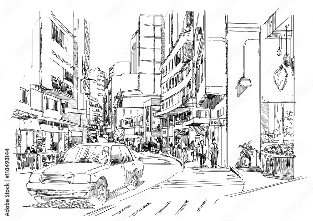 sketch of city street,cityscape,Illustration,drawing